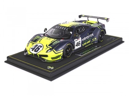 Ferrari 488 GT3 Valentino Rossi Team Kessel BBR Models 1/18 P18208VR Fluorescent Yellow and Opaque Blue con vetrina
