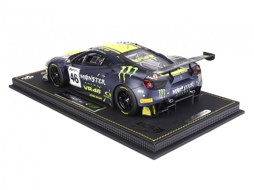 Ferrari 488 GT3 Valentino Rossi Team Kessel BBR Models 1/18 P18208VR Jaune Fluo et Bleu Mat avec vitrine