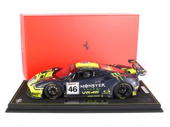 Ferrari 488 GT3 Valentino Rossi Team Kessel BBR Models 1/18 P18208VR Jaune Fluo et Bleu Mat avec vitrine