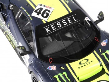 Ferrari 488 GT3 Valentino Rossi Team Kessel BBR Models 1/18 P18208VR Jaune Fluo et Bleu Mat avec vitrine