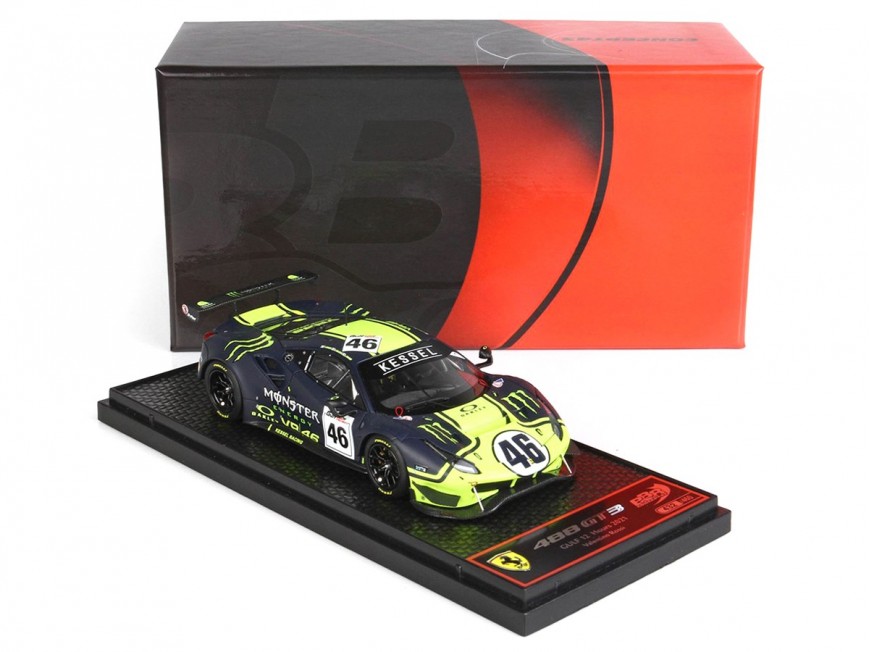Ferrari 488 GT3 Valentino Rossi Team Kessel BBR Models 1/43 BBRC258 Jaune Fluo et Bleu Mat