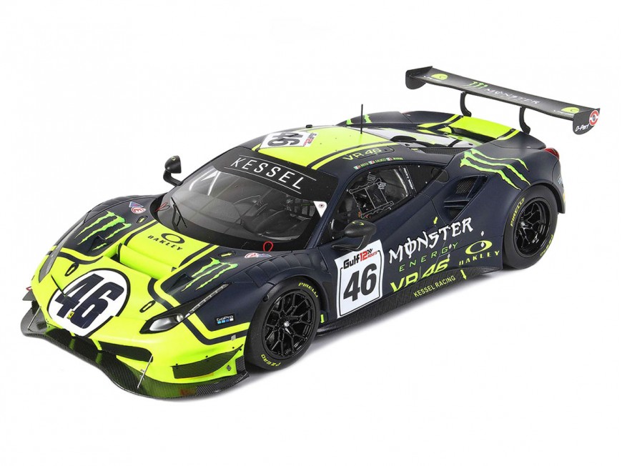 Ferrari 488 GT3 Valentino Rossi Team Kessel BBR Models 1/18 P18208VR Jaune Fluo et Bleu Mat avec vitrine