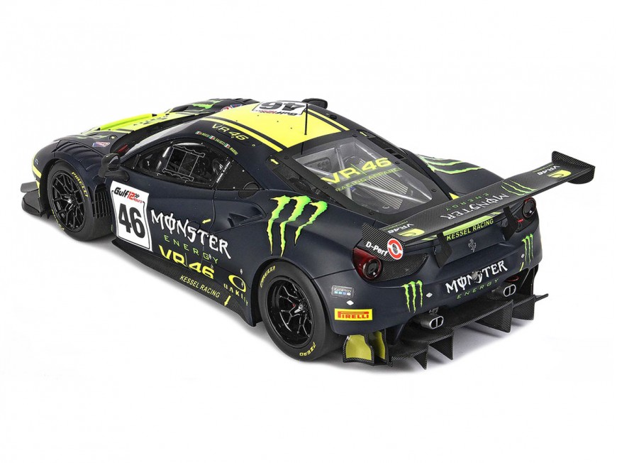Ferrari 488 GT3 Valentino Rossi Team Kessel BBR Models 1/18 P18208VR Jaune Fluo et Bleu Mat avec vitrine