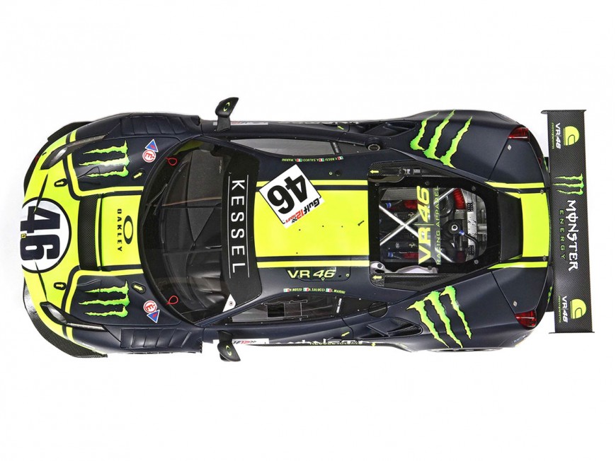 Ferrari 488 GT3 Valentino Rossi Team Kessel BBR Models 1/18 P18208VR Jaune Fluo et Bleu Mat avec vitrine