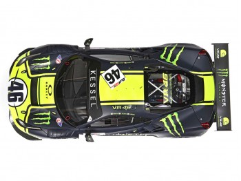 Ferrari 488 GT3 Valentino Rossi Team Kessel BBR Models 1/18 P18208VR Jaune Fluo et Bleu Mat avec vitrine