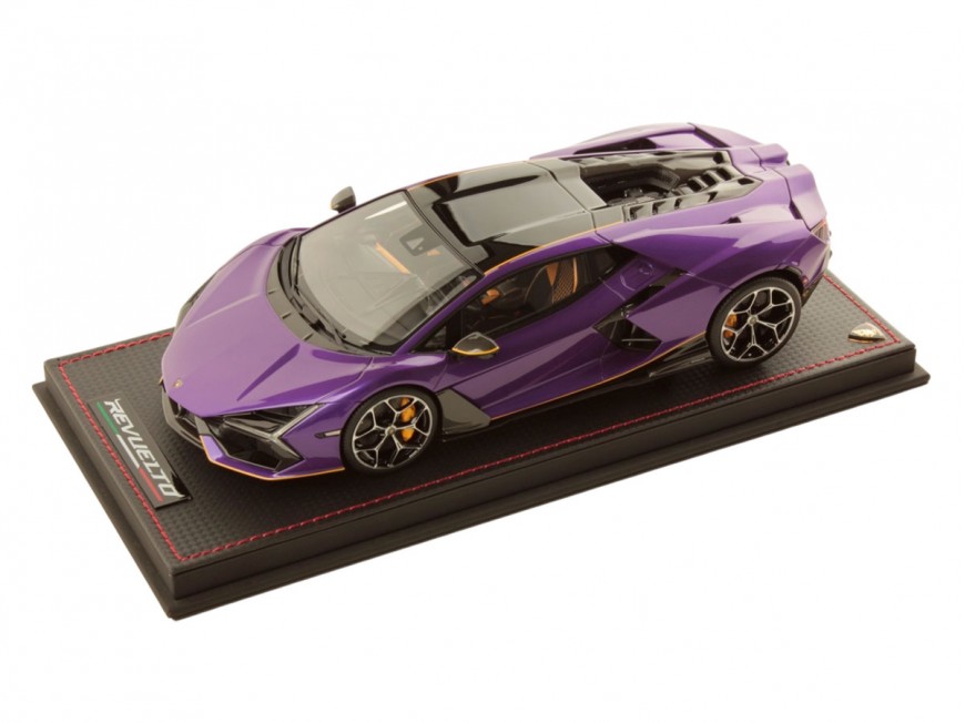 Lamborghini Revuelto MR Collection 1/18 LAMBO058SE9 Pourpre Pasifae avec Livrée Jaune avec vitrine