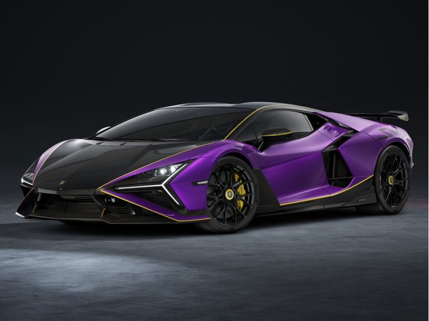 Lamborghini Revuelto SV MR Collection 1/18 LAMBO066C Viola Pasifae con livrea Nero/Giallo con vetrina